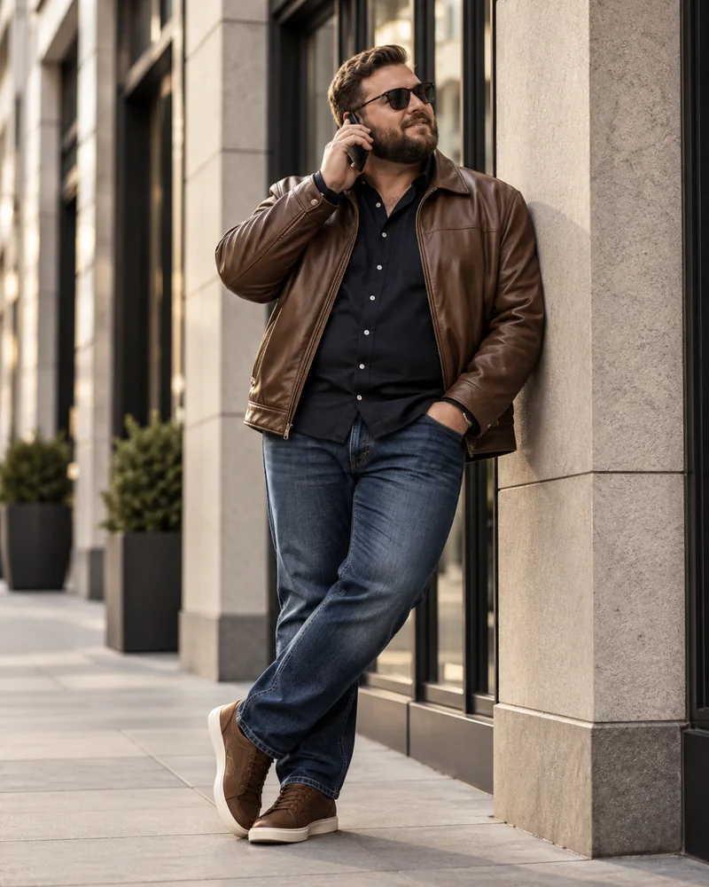 Big-and-Tall-Mann in brauner Lederjacke, dunkelblauem Hemd, Jeans und braunen Sneakern beim Telefonieren an einem modernen Gebäude