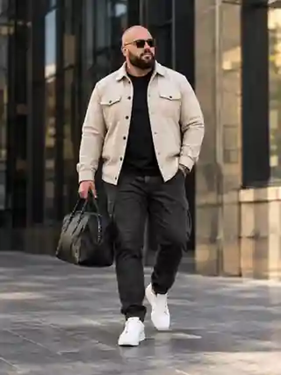 Großes männliches Model in beigem Overshirt, schwarzem Shirt und dunklen Cargo-Jeans, mit weißen Sneakern und schwarzer Reisetasche.