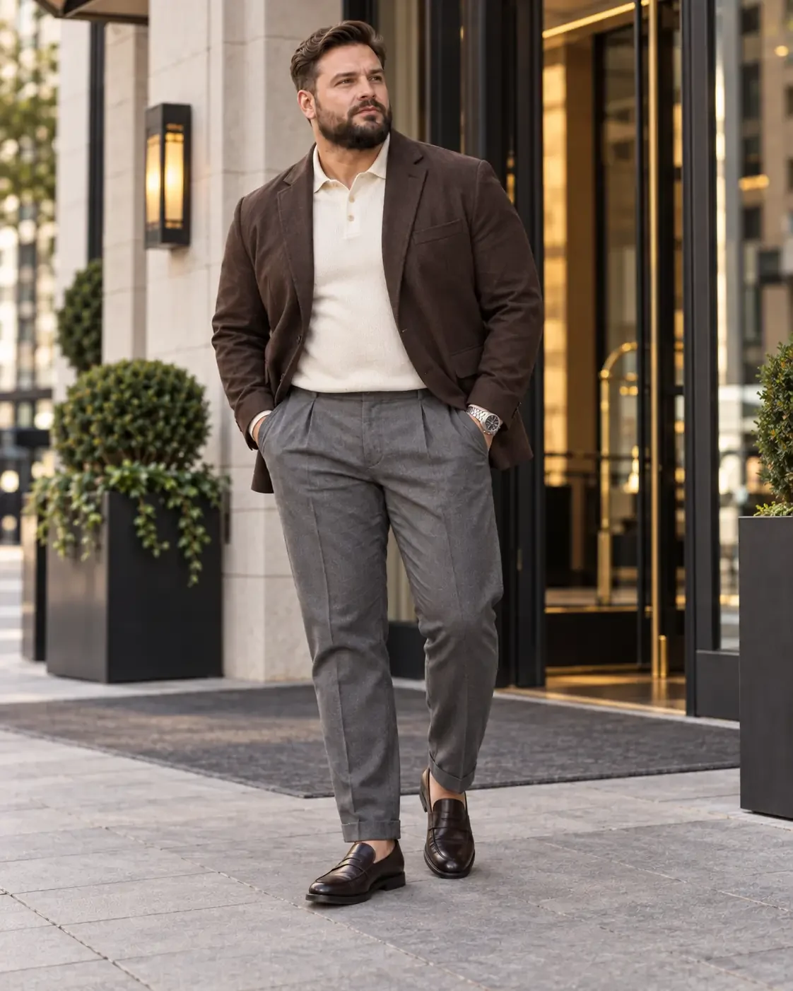 Smart-Casual-Look in großen Größen mit braunem Sakko, hellem Strick, grauer Hose und braunen Slippern