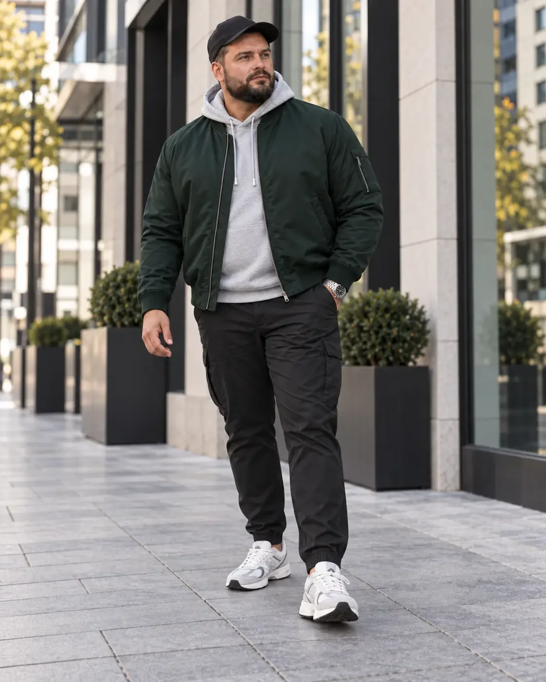 Sport-Luxe-Look in großen Größen mit grüner Bomberjacke, grauem Hoodie, schwarzer Cargo, heller Cap und Sneakern