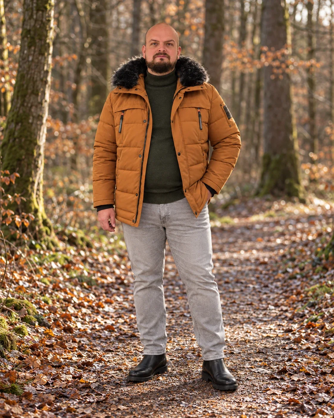Großer Mann im Herbstwald mit terracottafarbener Winterjacke, dunkelgrünem Rollkragen, kieselgrauer Jeans und schwarzen Chelsea Boots