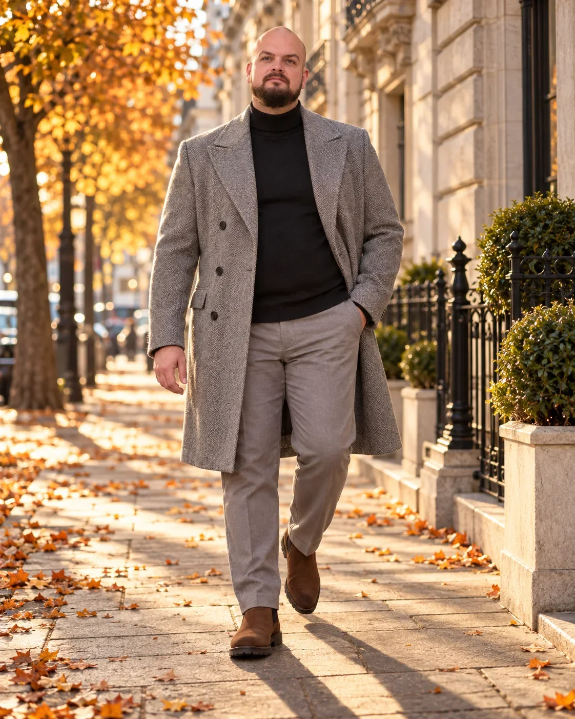 Großer Mann im graphitgrauen Wollmantel, schwarzem Rollkragenpullover, grauer Business-Hose und braunen Chelsea Boots