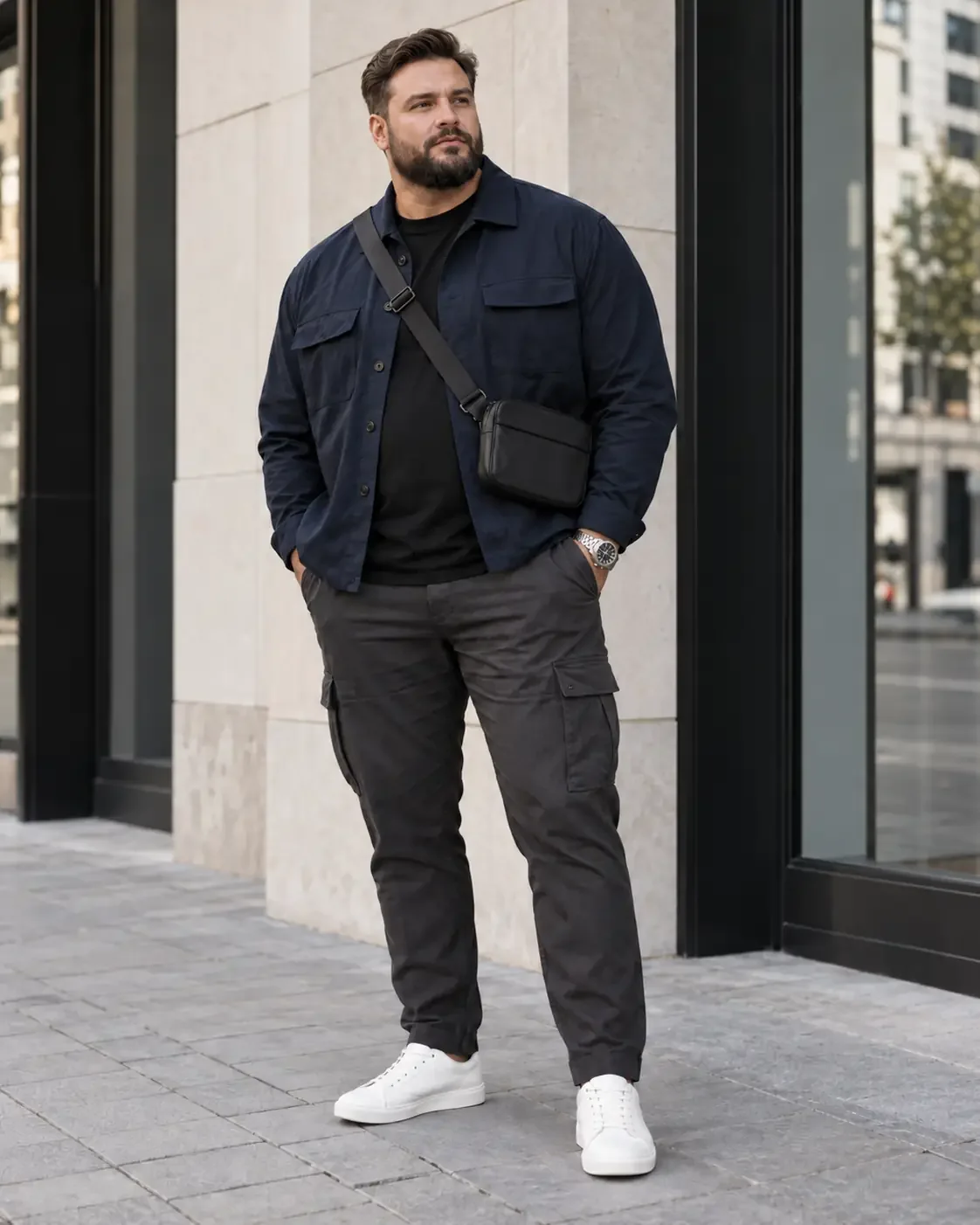 Navy Utility City Look mit navyfarbenem Overshirt, schwarzem Shirt, anthrazitfarbener Cargo, weißen Sneakern und schwarzer Crossbody-Bag