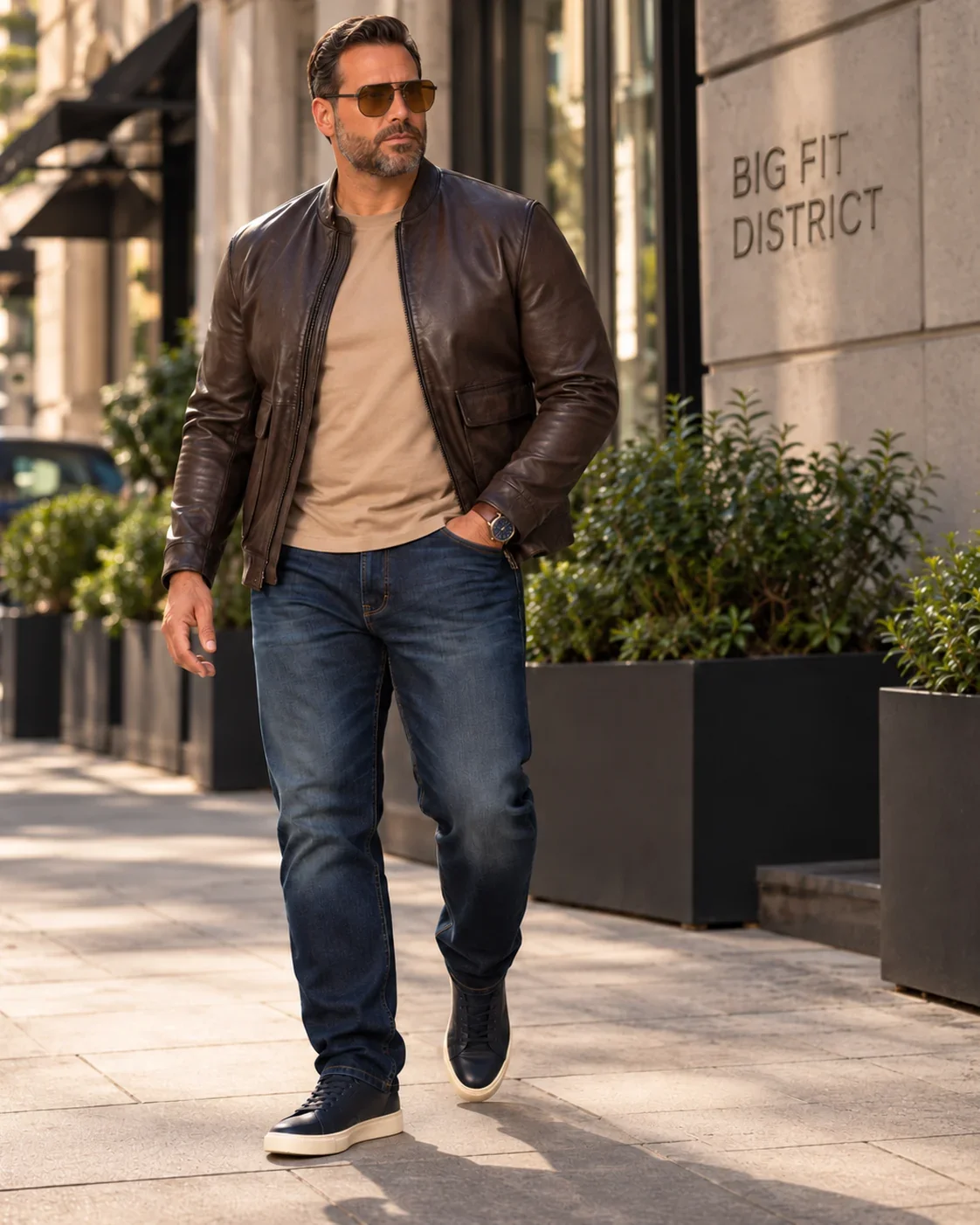 Urban Leather Smart Casual Look mit mahagonibrauner Lederjacke, sandfarbenem T-Shirt, dunkler Jeans und Navy-Sneakern